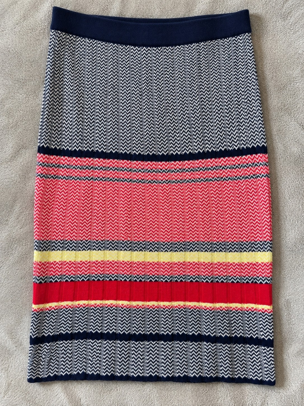 Striped Knit Pencil Skirt in Navy, Coral and Red SIZE-S,EU-38